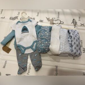 Chick pea baby boy outfit and swaddle blankets